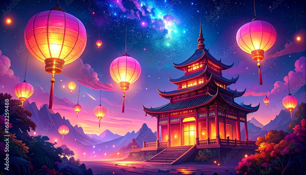 Fototapeta premium Enchanting traditional Chinese architecture lit by festive hanging lanterns, set against a magical cosmic night sky and beautiful mountains