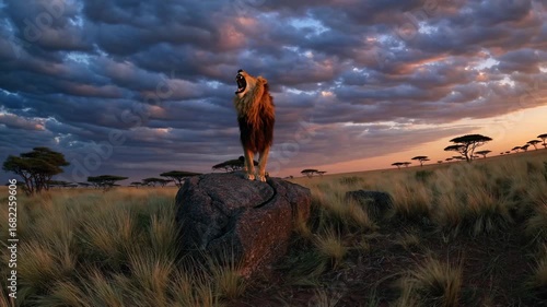 Majestic lion atop a rock at sunset, captured from a low-angle. Dramatic sky and savannah create a cinematic video-like scene.