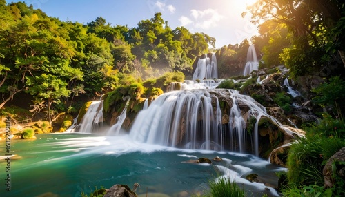 Stunning cascade of water flowing down rocks with sunbeams illuminating the scene