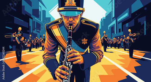 A clarinet player in a formal uniform leads a marching band during a parade in a stylized city.