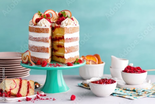 A layered vanilla cake with raspberry preserves and whipped cream frosting, displayed on a cake stand