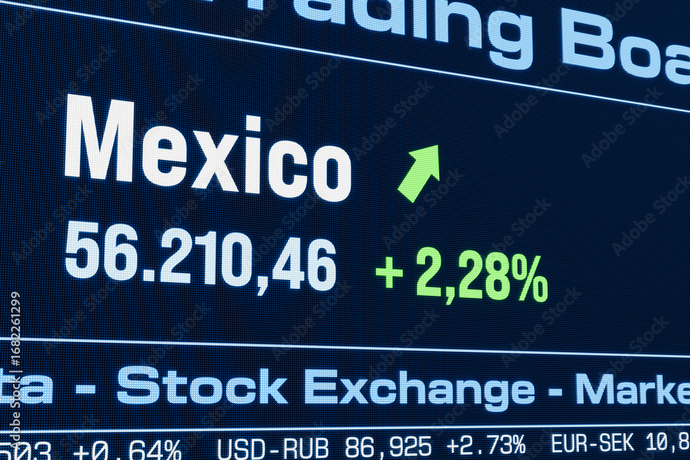 Obraz premium Mexico City stock index moving up. Rising Mexican share prices, bull market, growth, investment, business, profit, stock market data. 3D illustration