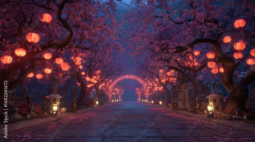 Fototapeta premium Pink Cherry Blossom Tunnel At Night With Red Lanterns