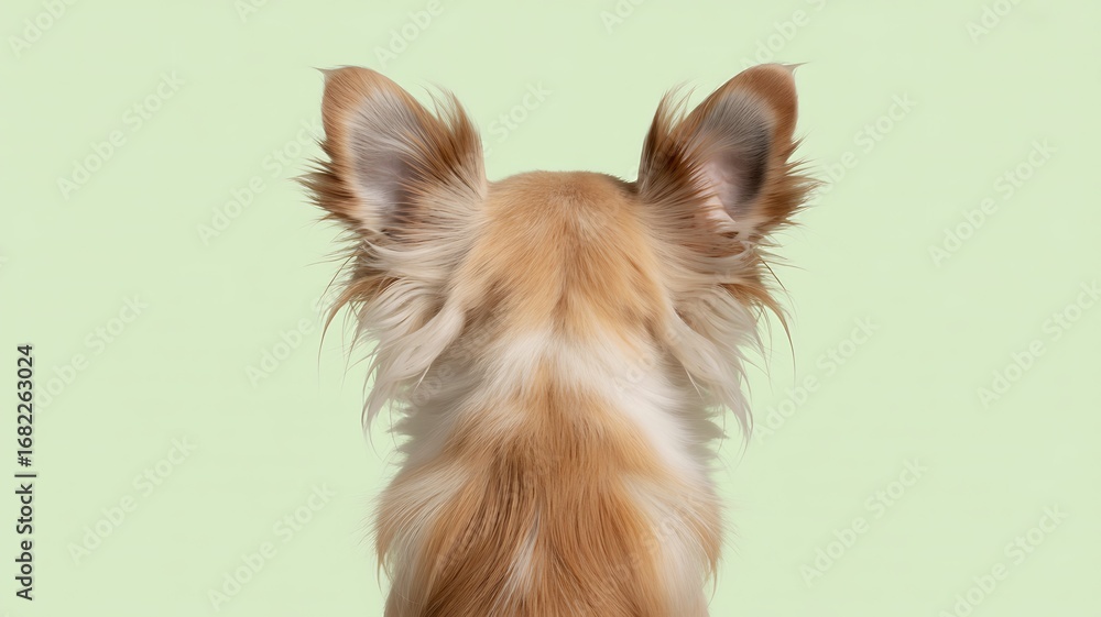 Naklejka premium Close up of a long haired chihuahua dog from behind with large upright ears against a light green background