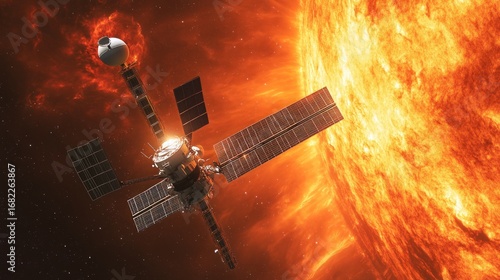 Wallpaper Mural Satellite exploring the sun's corona with solar panels in deep space and a fiery nebula background Torontodigital.ca