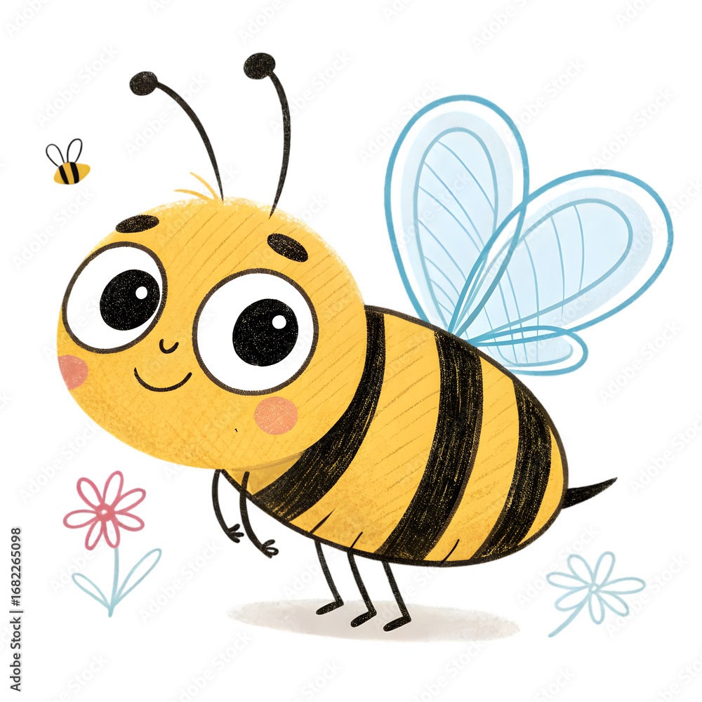 Fototapeta premium Cute Cartoon Bee Illustration: Honeybee with Flowers and Little Bee on transparent background