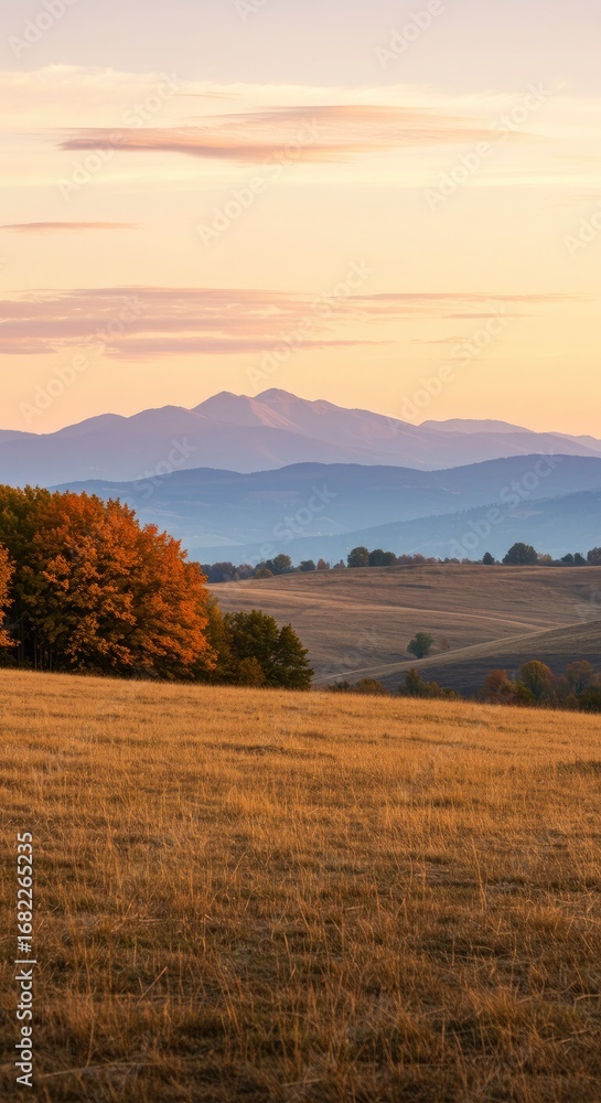 Fototapeta premium Golden Meadow With Autumn Trees And Distant Mountains At Sunset