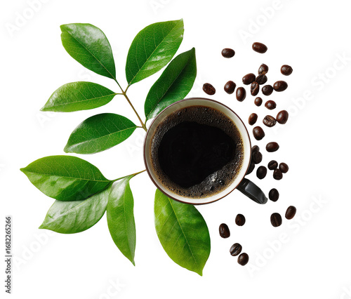 Overhead view of a cup of coffee surrounded by coffee beans and vibrant green leaves.  Dark coffee fills the cup,  topped with a froth, and encircled by fresh, lush green foliage. 