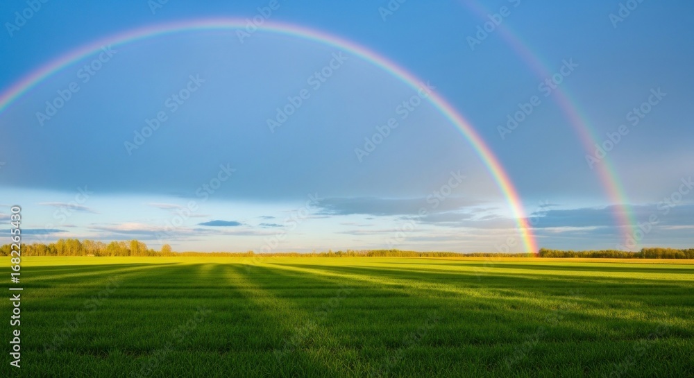 Obraz premium Double rainbow over vibrant field; blue sky and distant trees