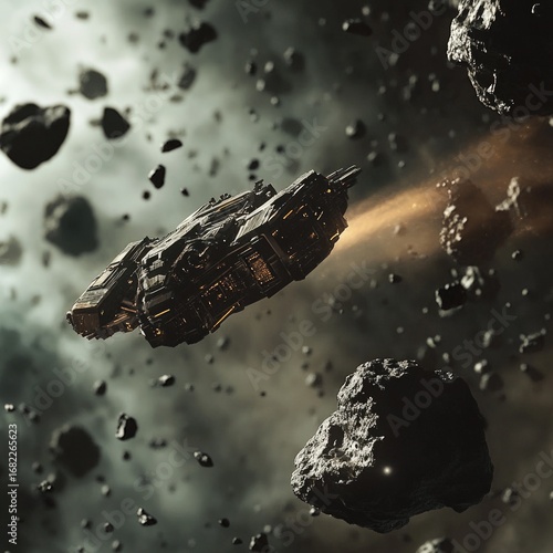 Wallpaper Mural Spaceship hurtling through an asteroid field with engine flames blazing in the vast expanse of deep outer space Torontodigital.ca