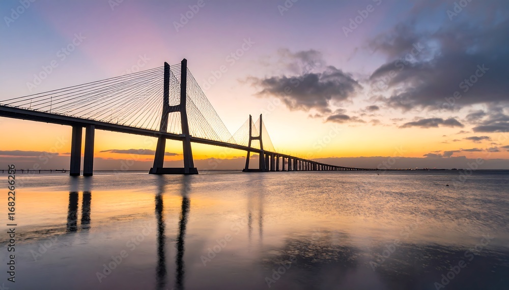 Fototapeta premium Sunrise over a cable-stayed bridge