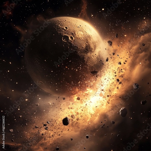 Wallpaper Mural Dramatic space scene featuring a moon with craters amidst cosmic dust and asteroid debris field Torontodigital.ca