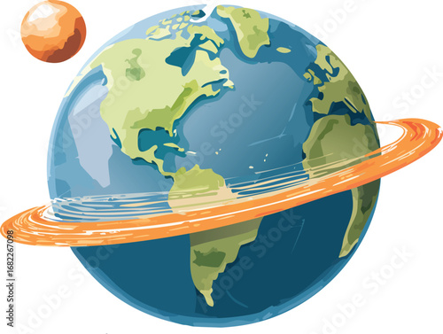 Illustration of Earth with North America visible, an orange ring, and a small Mars-like planet in the upper left corner.