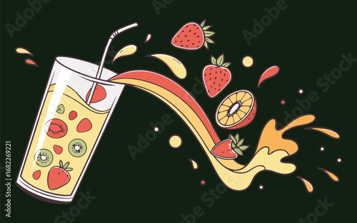 Create a vector glass of juice with colorful fruit pieces splashing out, white background