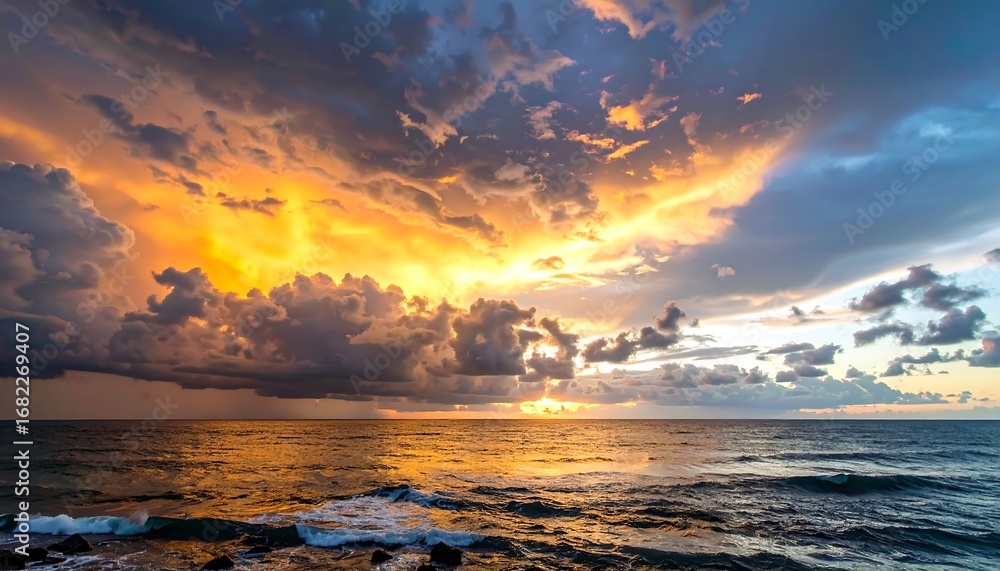 Fototapeta premium Fiery sunset with dark clouds