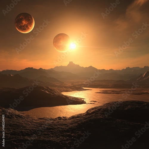 Wallpaper Mural Two planets rise over a rugged alien landscape with mountains and a river under a warm hazy orange sky at dusk Torontodigital.ca