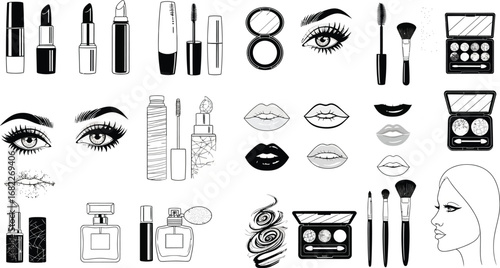 Collection of black and white line art illustrations of various makeup products and beauty related items