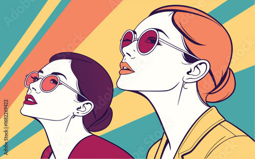 Glamorous women with gradient sunglasses fashion portrait banner.