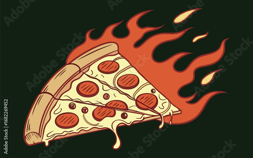 Hot pepperoni pizza with blazing fire effect spicy fast food temptation