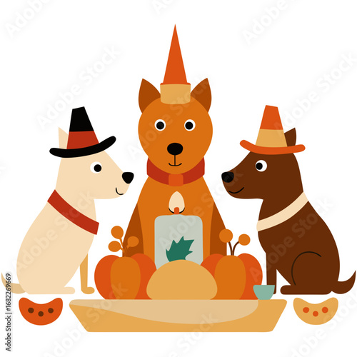 Three dogs celebrate thanksgiving with a candle and pumpkins