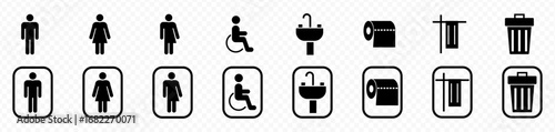 Washroom signs. Restroom or toilet door sign set containing gents, ladies, disabled, baby changing. Printable sticker. Transparent vector illustration.