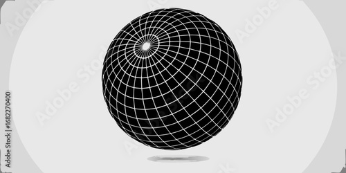 Abstract black sphere with white grid lines casting a shadow on a light gray background with curved borders