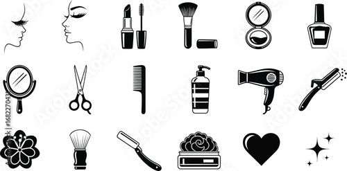 Collection of black and white beauty and cosmetic icons including makeup tools and hair styling equipment