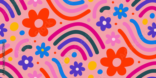 Groovy retro floral pattern with rainbow arches and dots on pink background