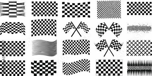 Collection of checkered flags and racing elements for motorsport and victory celebrations