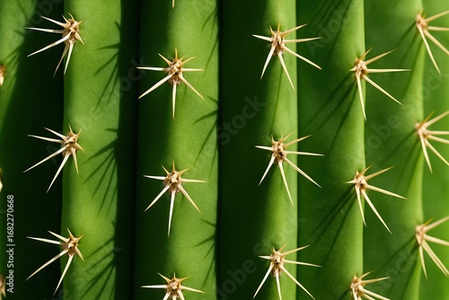 Close-up of green cactus surface with sharp spines. Natural desert plant texture ideal for backgrounds, botanical illustrations, or survival-related visuals.
