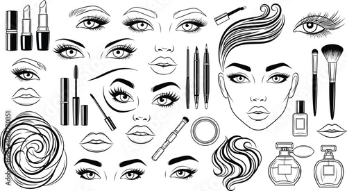 A collection of outlined beauty and makeup elements including eyes lips and cosmetic products art