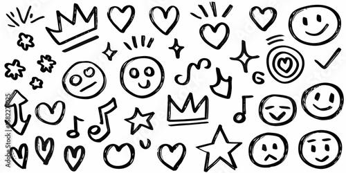 Collection of hand drawn black and white doodle icons including smiley faces hearts crowns stars and musical notes