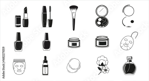 Assorted black and white cosmetic products including lipstick and nail polish illustrations on white