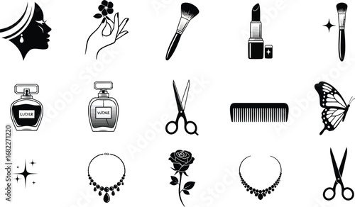 Collection of beauty and fashion icons in black and white vector illustration style art