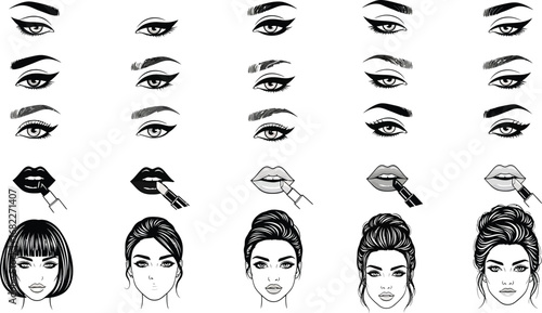 Various makeup styles showcased with eyes lips and face illustrations in black and white design