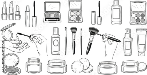Line art illustration of assorted makeup products and cosmetic tools on a white background