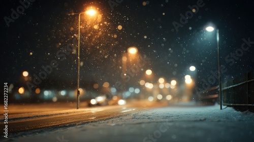 Snowy night street scene with city lights