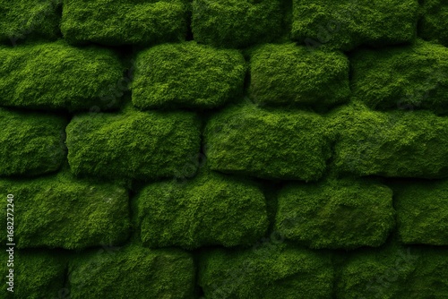 Textured stone wall covered with thick green moss. Aged natural surface ideal for backgrounds, forest environment themes, or earthy and rustic textures.
