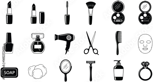 Collection of black and white beauty and personal care icons on a light gray background