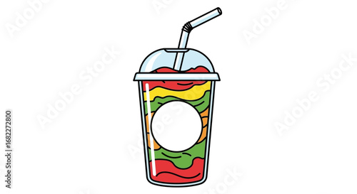 Layered Smoothie in Plastic Cup with Straw.