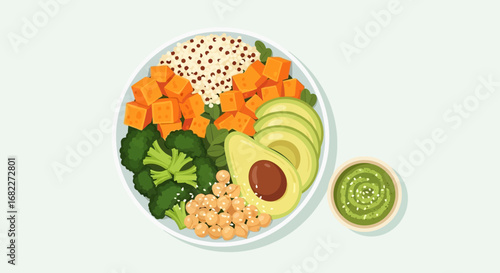 Healthy Buddha Bowl with Avocado Broccoli Quinoa and Chickpeas.