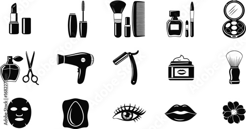 A collection of beauty and grooming icons including makeup tools and skincare products in black and white