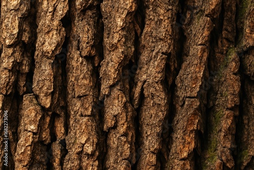 Close-up of rough brown tree bark texture. Natural wood surface perfect for organic, rustic, forestry, and textured design backdrops.