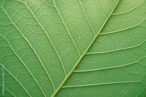 Close-up of a vibrant green leaf texture showing detailed vein structure. Natural macro background for eco, organic, and botanical design themes.