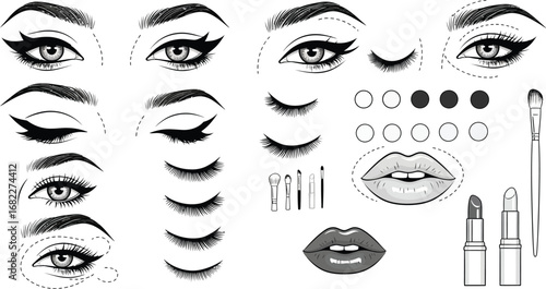 A black and white drawing of eyes lips and makeup tools for beauty and fashion illustration art style