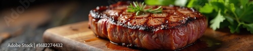 Close-up of a perfectly seared boneless ribeye steak, juicy and tender, resting on a rustic wooden board Ready to be served and enjoyed , protein, recipe
