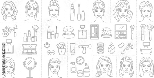 A collection of outlined beauty and cosmetic products with female faces in black and white style