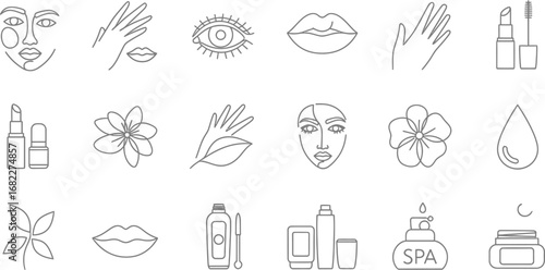Collection of outline beauty and spa related icons including face hand flowers and cosmetic products