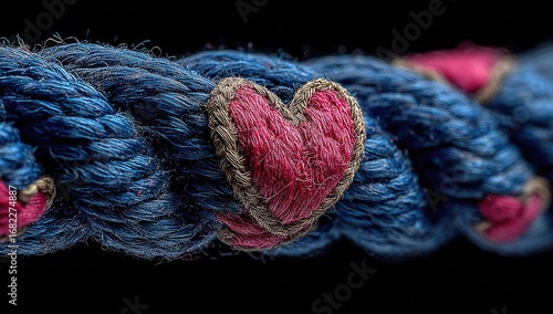 Close-up of a blue rope with pink heart accents