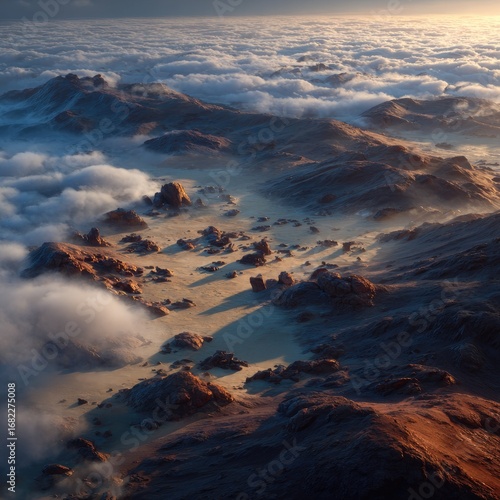 Aerial view of a mountainous landscape with clouds covering valleys and lowlands